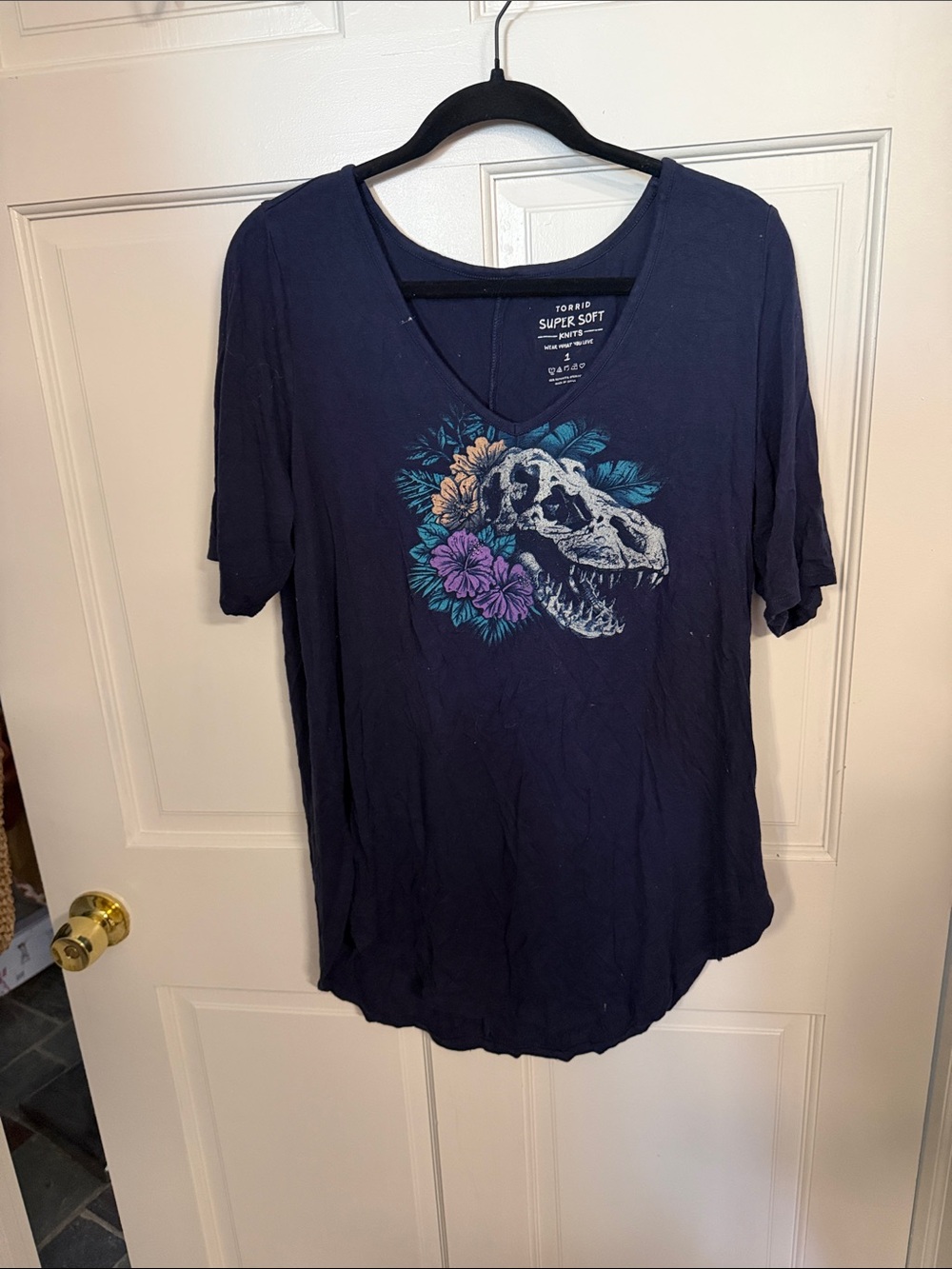 torrid super soft Navy V-Neck Tee with Floral Dinosaur Skull Graphic